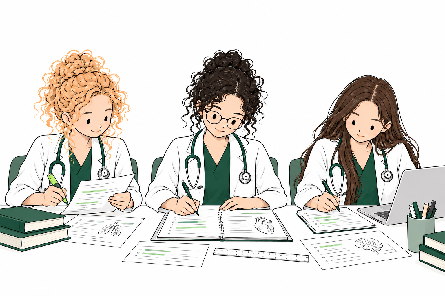 Tres amigas estudiando medicina juntas: una chica con pelo rizado y gafas, una rubia de pelo rizado y una morena de pelo liso